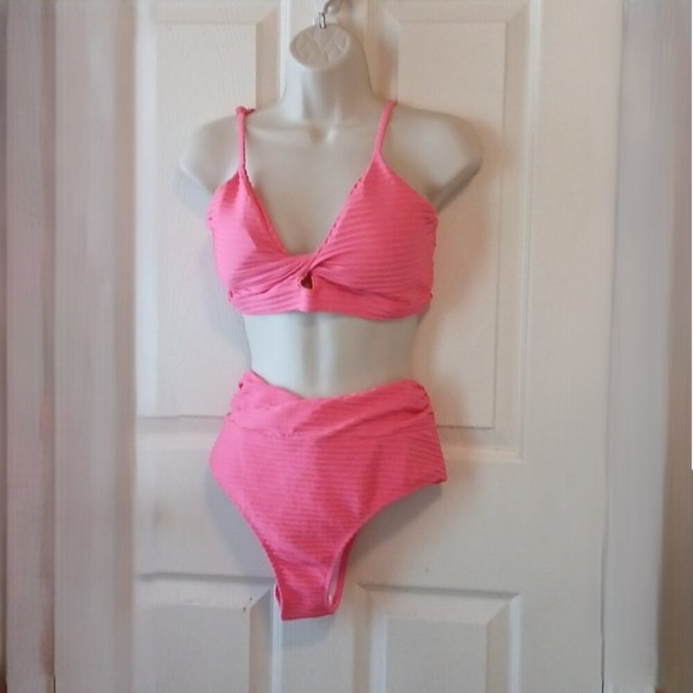 Women's Two-Piece Pink Swimsuit Twist Front High Waisted Bottom Size XL NWOT